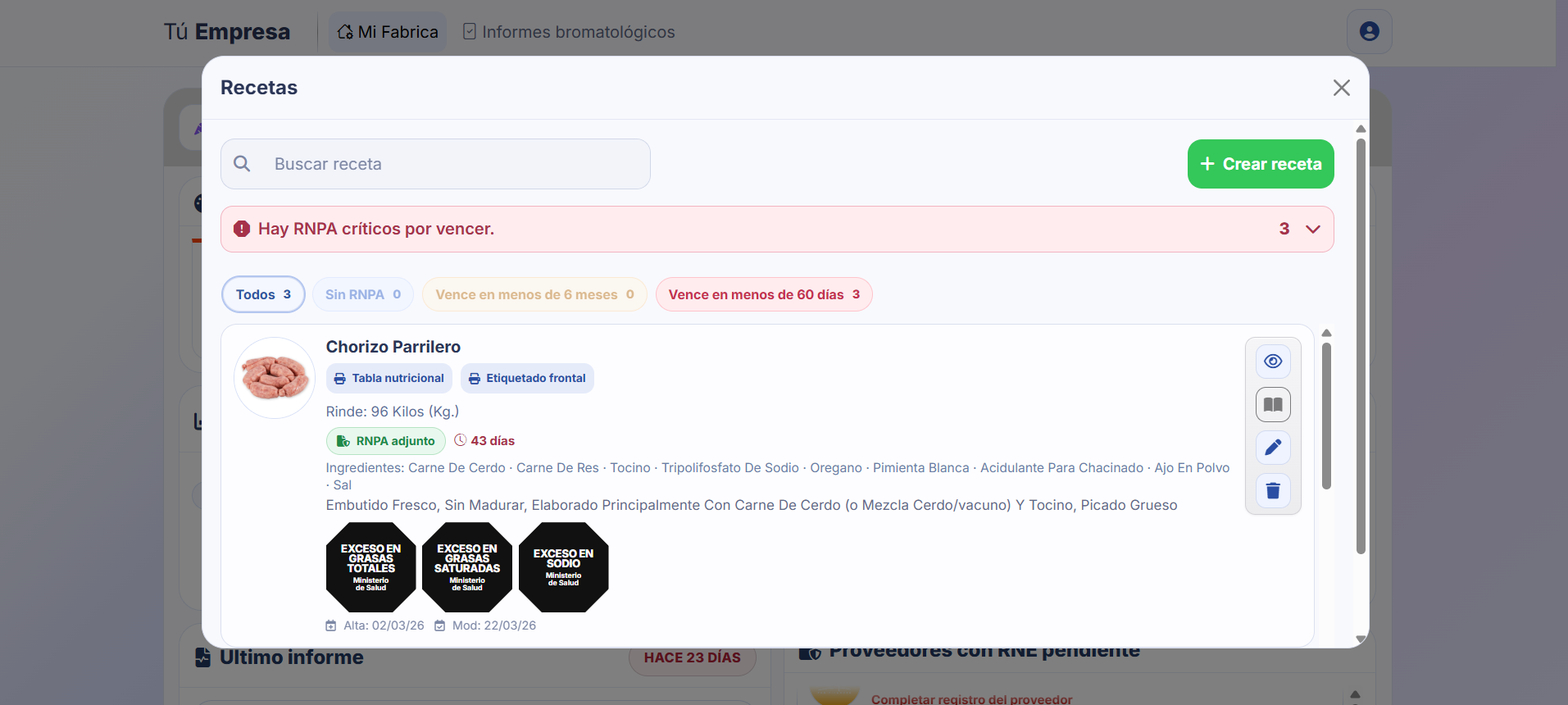 Gestión de recetas, RNPA y etiquetado frontal en BackOffice ABR
